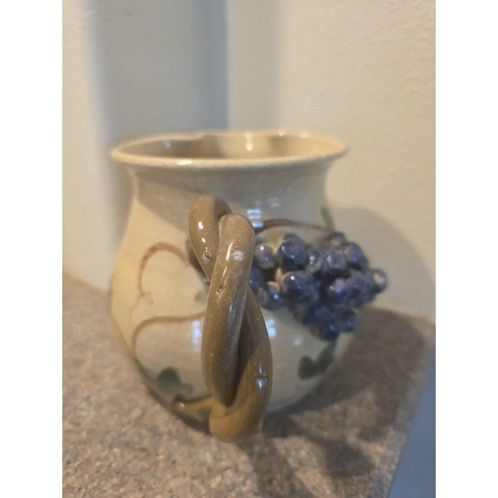 VTG Studio Pottery Pitcher Raised Grapes Twisted Handle Signed 6